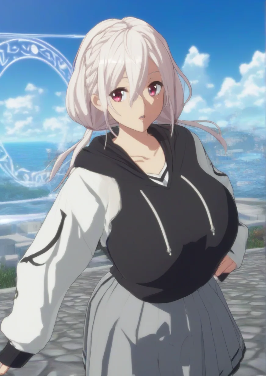 1girl, kurami utaho, huge breast, 3d, black vest, blue sky, braid, cloud, collarbone, day, grey skirt, hair between eyes, hair ornament, hood, hood down, hoodie, long sleeves, looking at viewer, low twintails, magic circle, outdoors, parted lips, pleated skirt, purple eyes, skirt, sky, sleeves past wrists, solo, twintails, vest, wet, wet clothes, white hair, white hoodie,  zPDXL3 <lora:GUILTY_GEAR_-STRIVE-3d:0.8>