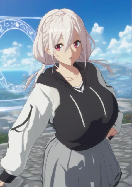 1girl, kurami utaho, huge breast, 3d, black vest, blue sky, braid, cloud, collarbone, day, grey skirt, hair between eyes, hair ornament, hood, hood down, hoodie, long sleeves, looking at viewer, low twintails, magic circle, outdoors, parted lips, pleated skirt, purple eyes, skirt, sky, sleeves past wrists, solo, twintails, vest, wet, wet clothes, white hair, white hoodie,  zPDXL3 <lora:GUILTY_GEAR_-STRIVE-3d:0.8>