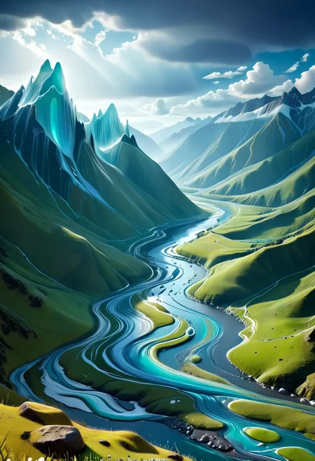 masterpiece, best quality, absurdres, Sl1m3d, slime-morph, landscape, valley, river, mountains, sky, clouds, slime