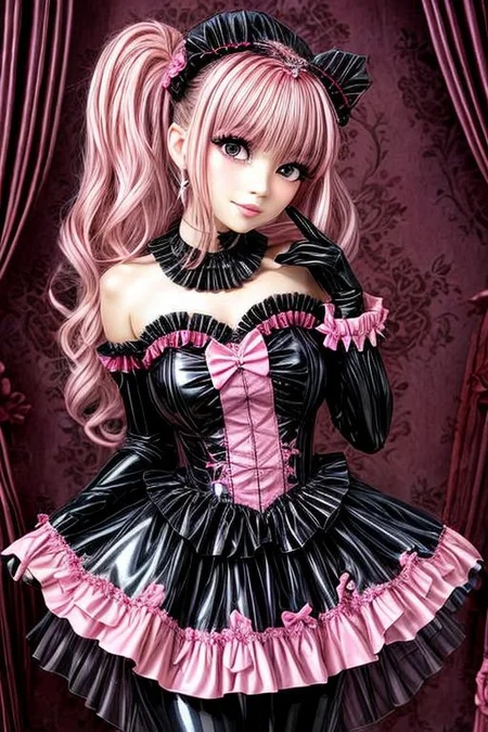 detailed full-length photo, full body, young lady, long straight pastel hair, rim lighting, (pink gleaming oily latex fabric), (pink puffy latex dress), pink puffy Bad_End_Precure princess dress, puffy latex sleeves, latex elbow gloves, tack sharp, crystal clear, 8K UHD, hyper-detailed eyes, high detailed skin, Feminine, (Perfect Face), (High Detail), detailed fingers, beautiful fingers, legs, thin eyebrows, glossy lips, (pink lipstick), (full makeup), (high heeled shoes), (princess shoes), (mary janes shoes), lots of frills and bows, <lora:more_details:1.5>