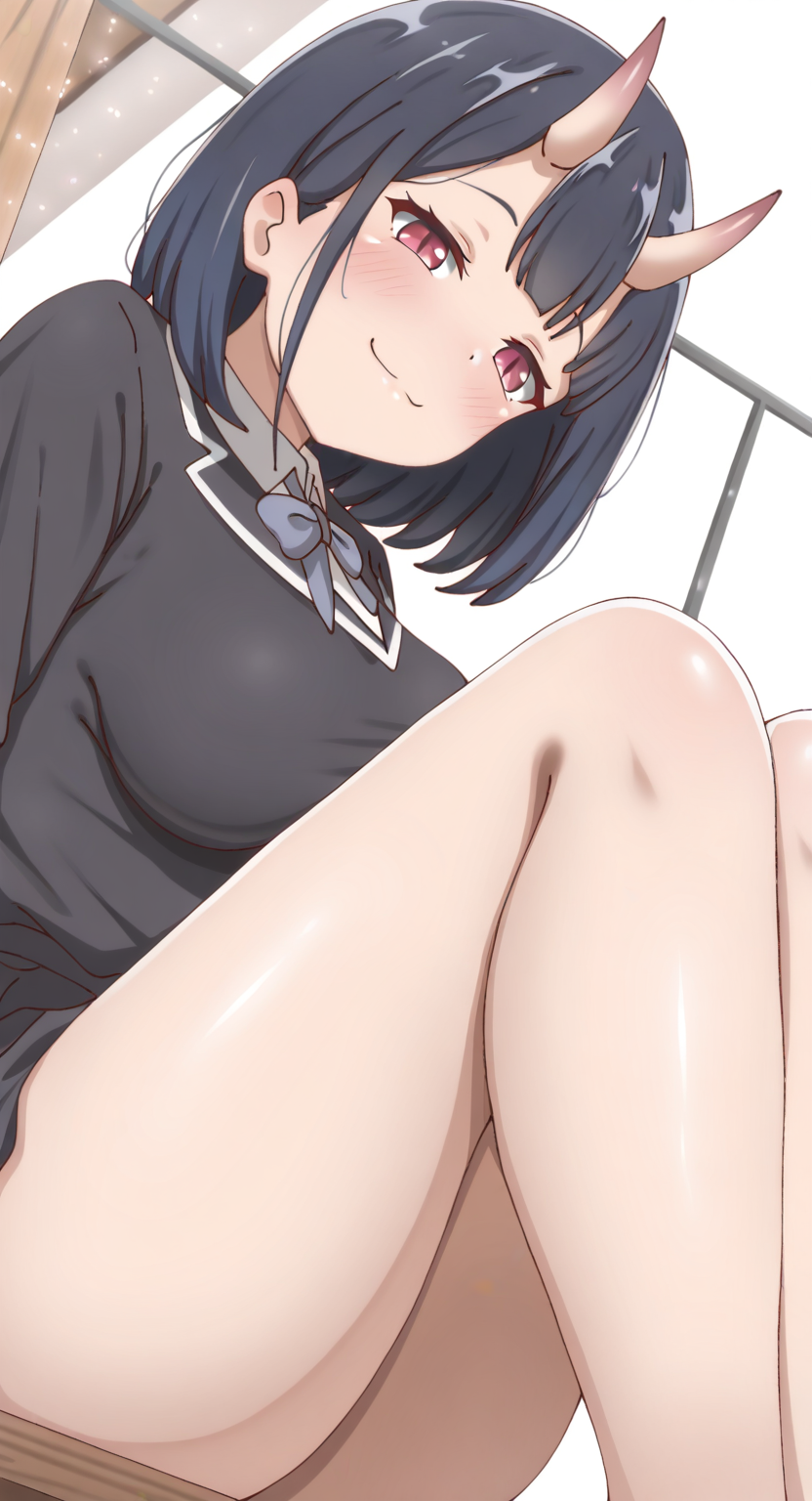 masterpiece, cute, lovely, newest, absurdres, (best quality:1.3), amazing quality, very aesthetic, 1girl, solo, high_resolution, hq, 4k, BREAK. high gradient eyes, very cute, light particles, cute details, cute colors, mature woman, (Poa_Mellhen_Style), oni, oni horns, dark blue hair, straight hair, blunt bangs, pink eyes, slit pupils, (medium breasts:1.2), sagging_breasts, naughty face, smug, BREAK, (from below), (sitting), (knees up), (close up), (side view:1.2), Focus legs, close up legs, portrait, upper body, school_uniform, dark uniform