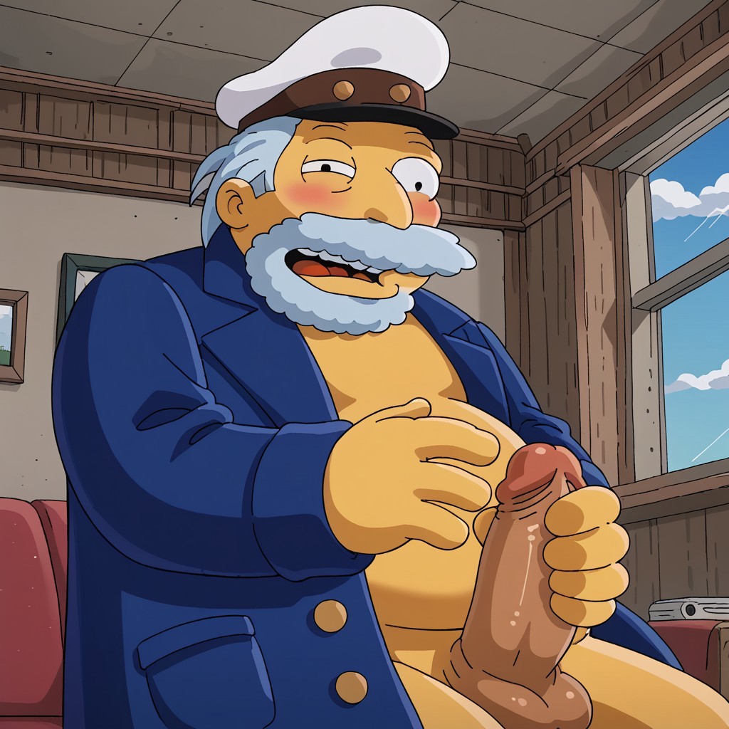 1boy, solo, male, thick outlines, detail background, cartoon style, yellow (skin tone), bushy (light blue) beard, large nose, mustache (light blue), wrinkles, prominent eye bags, animated style, light blue hair, broad shoulders, obese, big belly, medium length, moobs, swept back, a half-closed eye, black pupils, big eyes, fat, thick arms, plump body, overweight, four fingers, short ears, rating_safe, blue long coat, double-breasted buttons, naked, shirtless, white captain's hat with a brown strap, black visor, looking at viewer, apartment, inside, indoors, sitting, on couch, handjob, grabbing penis, grinning, dutch angle, blush, steam, yellow penis, testicle, low angle