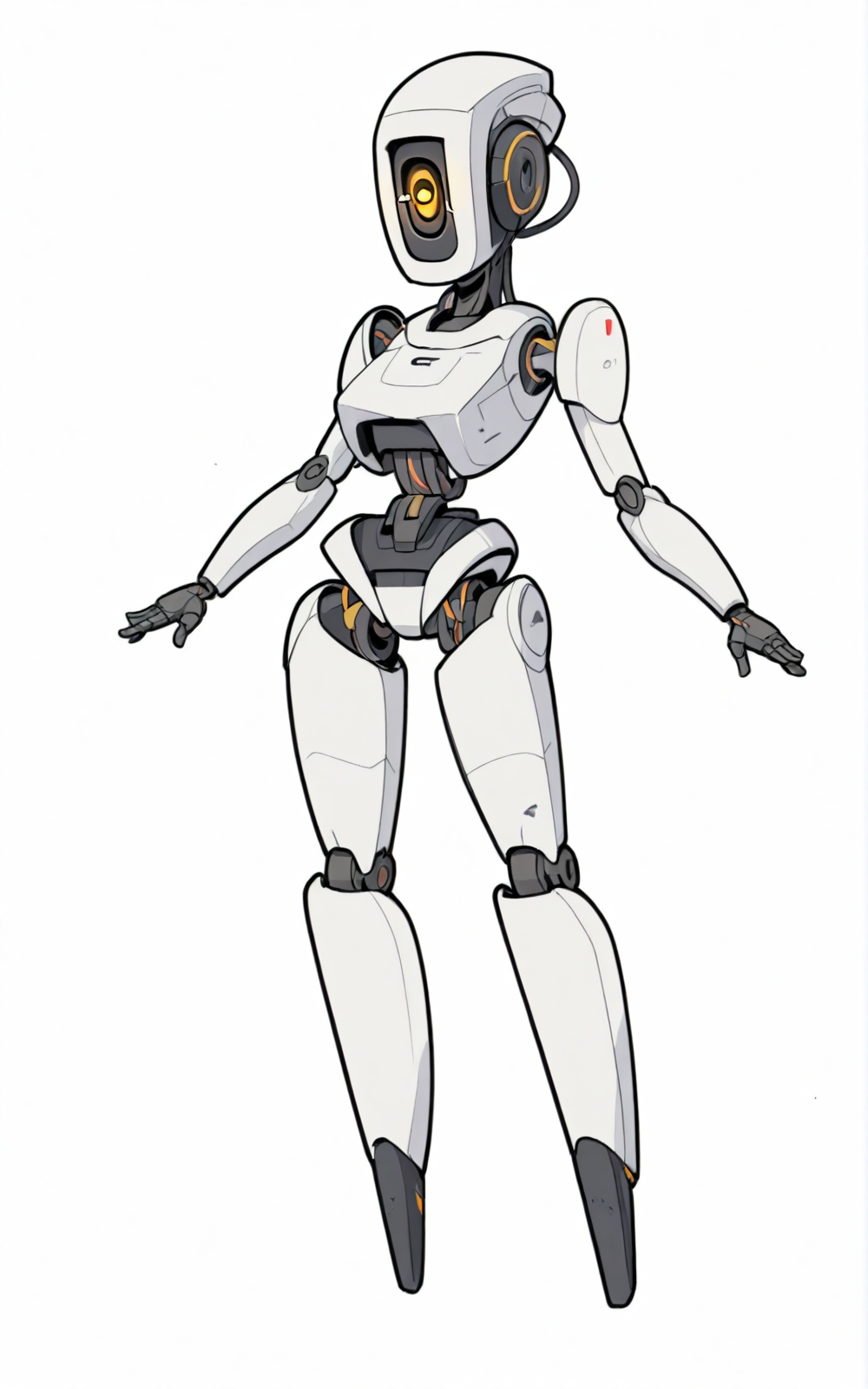 best quality, absurdres,full body, <lora:BolivanteStyleITS:0.8>,   <lora:GP2ITS:0.8>,GP2ITS,robot,humanoid robot,robot joints, joints,android,yellow eye,one-eyed,no mouth, science fiction,cable, white background, white skin