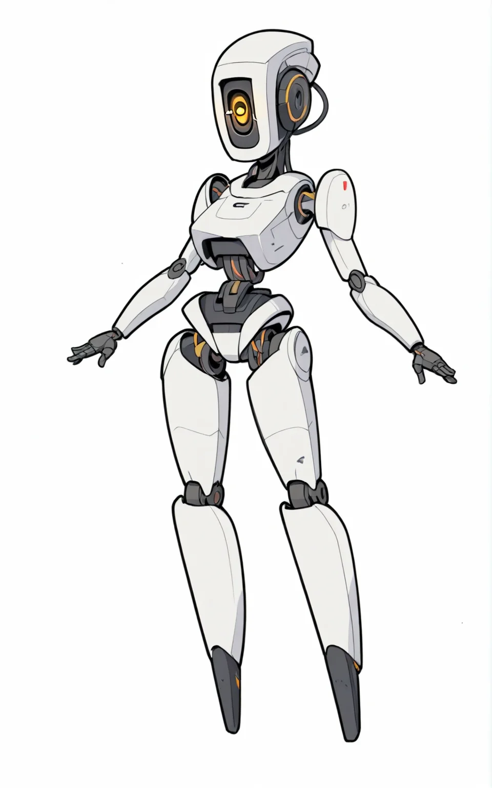 best quality, absurdres,full body, <lora:BolivanteStyleITS:0.8>,   <lora:GP2ITS:0.8>,GP2ITS,robot,humanoid robot,robot joints, joints,android,yellow eye,one-eyed,no mouth, science fiction,cable, white background, white skin