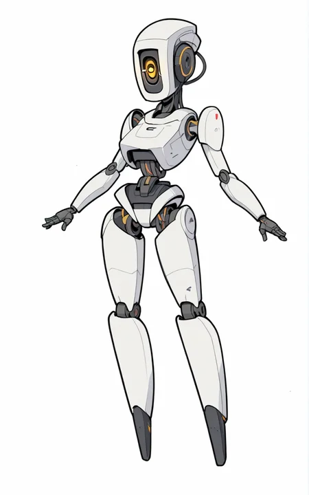 best quality, absurdres,full body, <lora:BolivanteStyleITS:0.8>,   <lora:GP2ITS:0.8>,GP2ITS,robot,humanoid robot,robot joints, joints,android,yellow eye,one-eyed,no mouth, science fiction,cable, white background, white skin