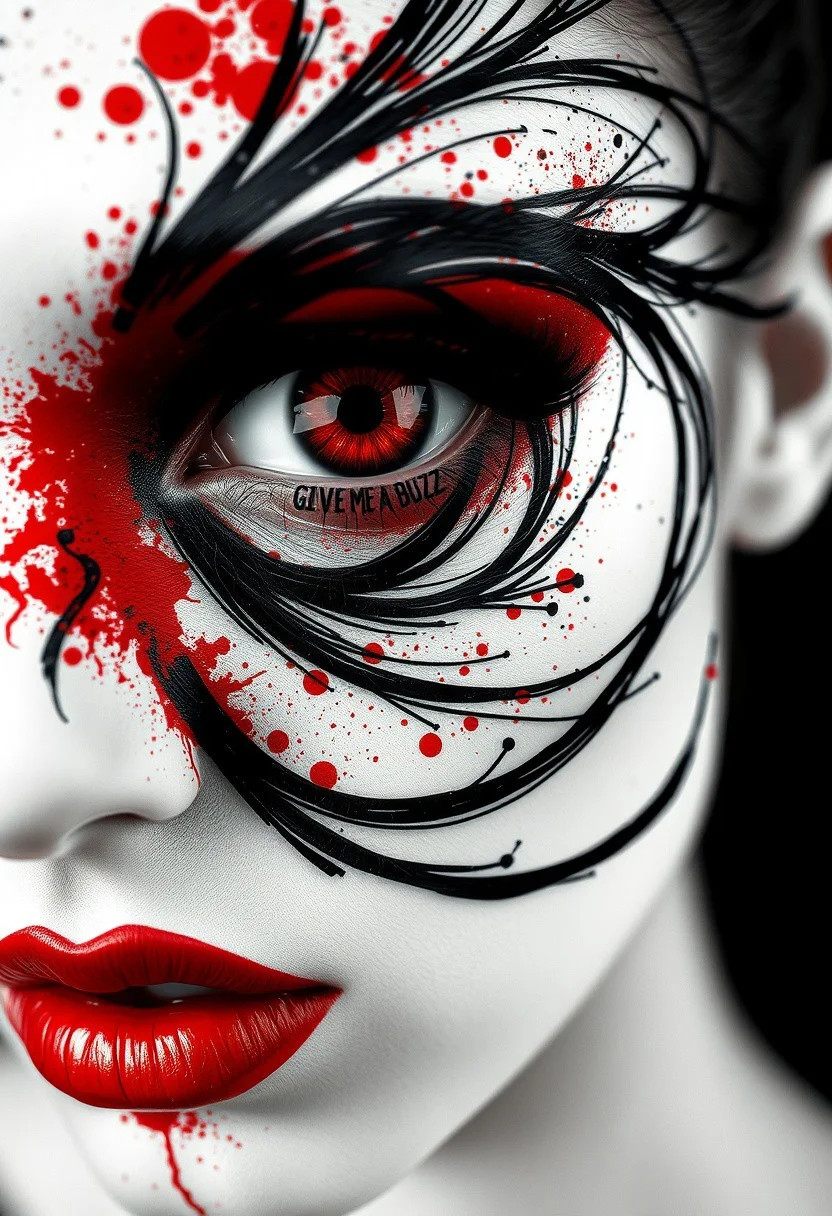 realistic,bo-abyss, abstract monochrome composition with splashes of deep red accents, high quality, ultra detailed, colorful, abstract, particles, fantasy, partially blended with abstract digital elements. the background features layers of glitch art, “give me a buzz”on face,The image is a close-up of a person's face with a dramatic and intricate face art design. The face is predominantly white, with black and red accents on the upper and lower half of the face. The eye is the focal point of the image, with a deep red iris that stands out against the white background. The iris is surrounded by a black and white swirl pattern that extends from the top left corner to the bottom right corner of the eye. The swirls are made up of thin black lines that create a sense of movement and energy. The lines are arranged in a symmetrical pattern, creating a sense depth and dimension. The overall effect is striking and striking. The person's lips are painted a bold red color, adding a pop of color to the otherwise monochromatic face., volumetric lighting, 18years old,(best quality),(masterpiece),(ultra detailed),long sleeve,blunt bangs,black hair,black eyes, pensive ,two side up and long hair,black platform Loafer, Sailor Collared School Uniform,black skirt ,Red eyeshadow, long eyelashes , upturned eyes , 1girl, cowboy shot,standing,red scarf,