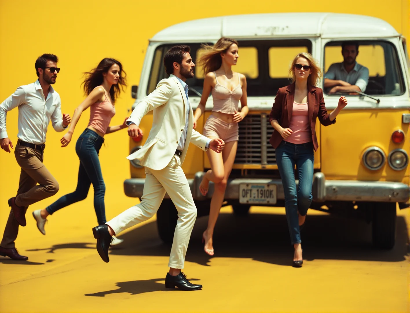 The image is a digital illustration of a group of people running towards a yellow van. The van is parked on a street with a yellow background. There are six people in the image, three men and three women, all of whom appear to be in mid-stride. The man in the center is wearing a white suit and has a beard, while the other three are wearing casual clothes. The woman on the left is wearing sunglasses and the man on the right is sitting in the driver's seat of the van. All of them are running towards the van with their arms and legs in motion. The overall mood of the image is playful and energetic.
<lora:Toy_Camera_Flux:0.8>, real,(realistic),photo realistic, photography,highly detailed,(masterpiece),(high quality),best quality,super detailed,full detail,4k,8k,realistic lighting, norender, no anime