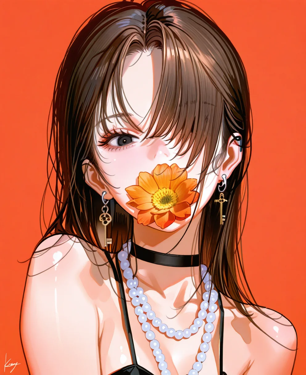 <lora:johnC:1>,
(masterpiece), (best quality), (ultra-detailed), amazing quality, very aesthetic, illustration, perfect composition, intricate details, absurdres, incredibly absurdres, shiny skin, realistic,
john, 1girl, solo, flower, jewelry, choker, earrings, necklace, orange flower, portrait, black choker, black eyes, key, covered mouth, orange background, yellow flower, looking at viewer, signature, red flower, black hair, hair over one eye, simple background, brown hair, flower in mouth, red background, piercing, bare shoulders, bead necklace, long hair, pearl necklace, leaf, general