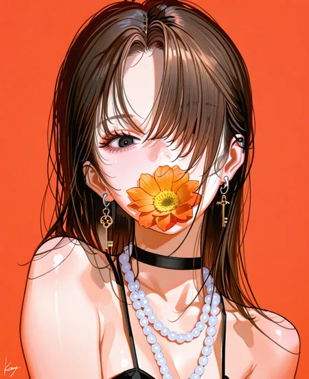 <lora:johnC:1>,
(masterpiece), (best quality), (ultra-detailed), amazing quality, very aesthetic, illustration, perfect composition, intricate details, absurdres, incredibly absurdres, shiny skin, realistic,
 john, 1girl, solo, flower, jewelry, choker, earrings, necklace, orange flower, portrait, black choker, black eyes, key, covered mouth, orange background, yellow flower, looking at viewer, signature, red flower, black hair, hair over one eye, simple background, brown hair, flower in mouth, red background, piercing, bare shoulders, bead necklace, long hair, pearl necklace, leaf, general