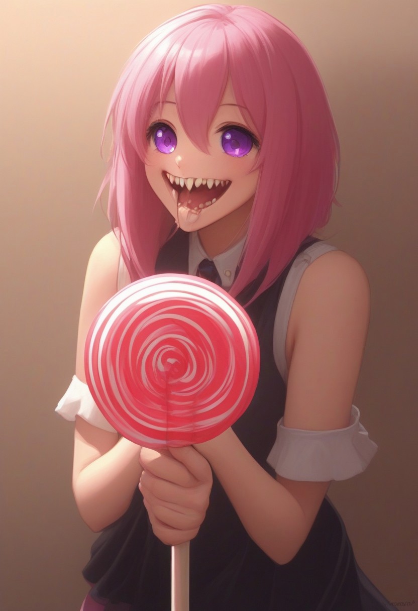 CivChan, purple eyes, pink hair,
(licking a giant lollipop made from teeth, made_from_teef:1.5)
