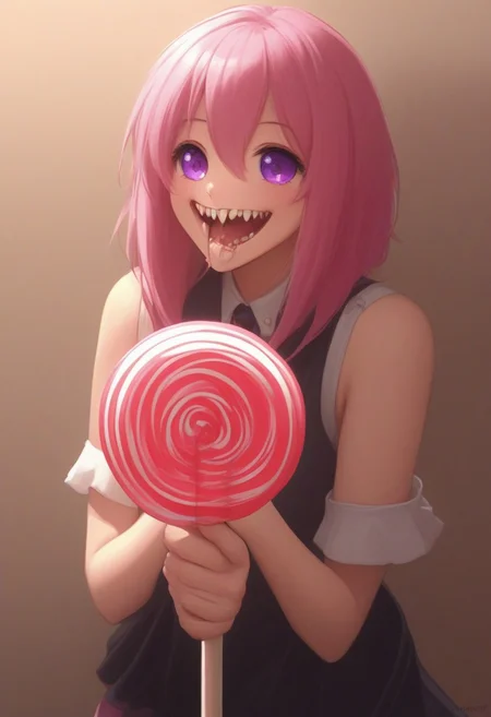 CivChan, purple eyes, pink hair,
(licking a giant lollipop made from teeth, made_from_teef:1.5)