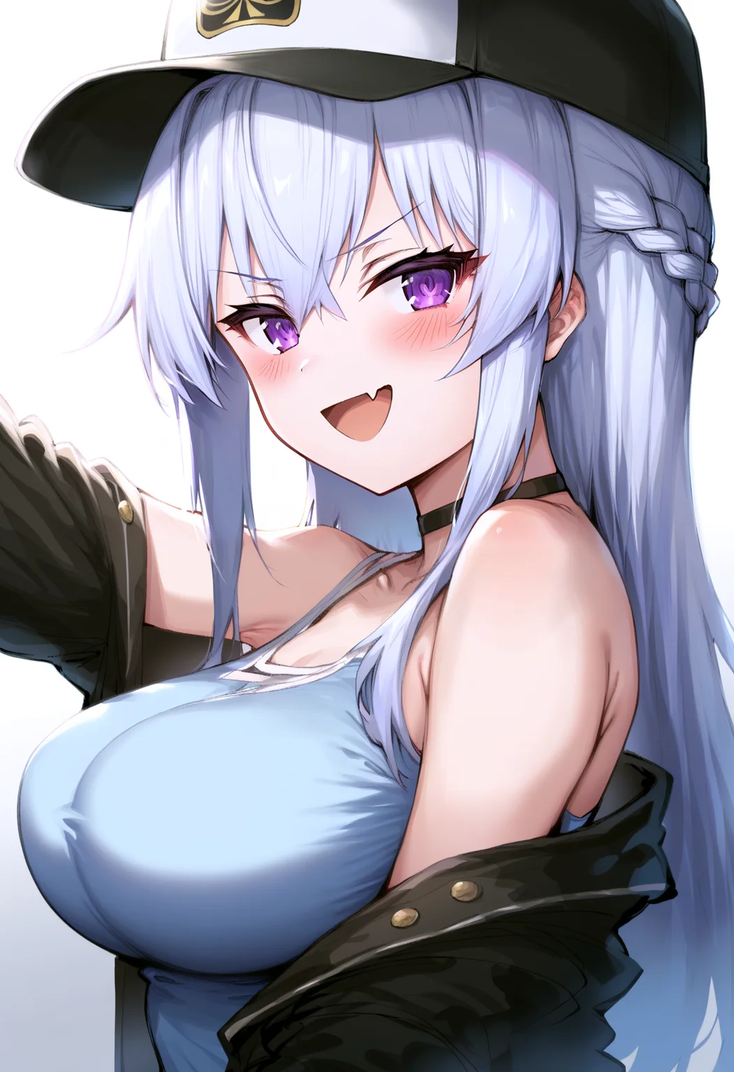 score_9, score_8_up, score_7_up, score_6_up, score_5_up, score_4_up,
refraction, caustics, rim lights, backlighting, bloom,
BREAK
source_anime, white background, simple background, gradient background,
BREAK
1girl, :d, selfie, (grin:0.8), open mouth, (skin fang:0.85),
arm up, blush, braid, long hair, single sidelock,
purple eyes, white hair, hair between eyes, messy hair, (half-closed eyes:0.75), smug,
bare shoulders, large breasts,
tank top, single off shoulder, black jacket, baseball cap,
black choker,
looking at viewer, from side, looking back,
<lora:Haoni-v2b-PDXL:1>