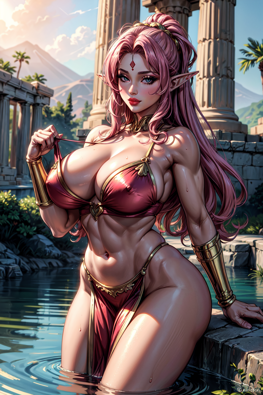 (masterpiece, 8k, 4k, extremely detailed, stylized lighting and shading:1.4) 80's anime, adult elf female, (pink long curly hair:1.2), huge tits, greek toga and pelvic curtain, gold make-up, aphrodite, beautiful, muscular bodybuilder, jewelry, floating in water, greek temple, greek goddess, love, seductive, alluring(emerging from water:1.2)<lora:more_details:0.8>