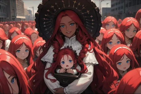 (masterpiece, best quality:1.5), (ultra realistic:1.5), (8k uhd, very high quality:1.5), (extremely detailed face:1.5), (dark skin mother holding her infant girl and surrounded by an endless number of her young children:1.5), (everyone smiling and happy:1.5), (everyone has bright blue eyes:1.5), (everyone has long ruby red hair:1.5), (everyone has ruby red hair:1.5), (the woman is surrounded by endless numbers of her young children that fill the entire background:1.5), (the woman is surrounded by an endless number of her young children that fill the entire background:1.5), (city background:1.5)