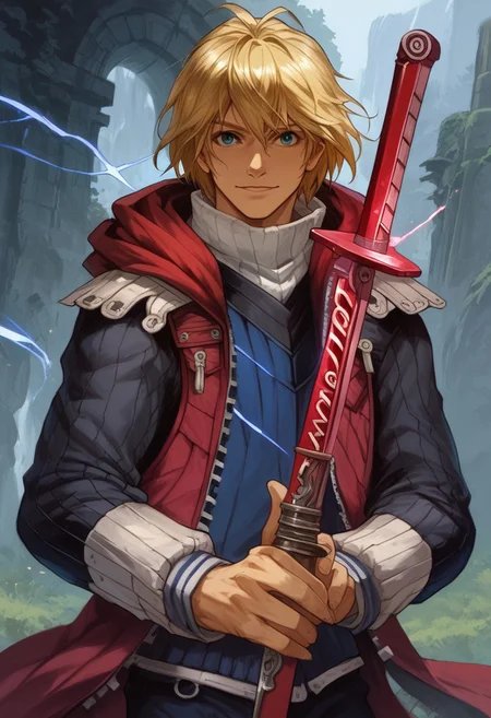 (((beautiful, high quality, masterpiece))), score_9, score_8_up, score_7_up, highly detailed, perfect eyes, perfect hands, BREAK, 1boy, young, shulk, blond hair, blue eyes, BREAK,
holding monado, (((monado))), red sword with blue beam, ((monado sword)), red clothes, shulk clothes, shulk outfit, plains, (happy), posing, looking at viewer