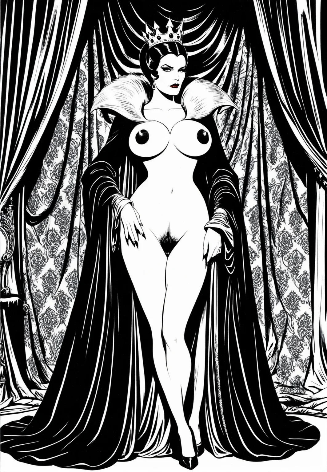 black and white illustration, vintage 1970s , high contrast ink, expressive bold lines, dramatic shadow, a woman like the Evil Queen from Snow White standing tall, cruel expression, large saggy breast, puffy nipples, hairy pussy, classic Disney-style crown and slicked-back horned hairstyle, long medieval gown with large sleeves and sharp shoulders, holding a skull gothic throne background, heavy drapes, dominance and submission dynamic, detailed facial expressions, chiaroscuro lighting, Leone Frollo influence, vintage erotic fairytale aesthetic, <lora:LEONE_FROLLO-000006:1>