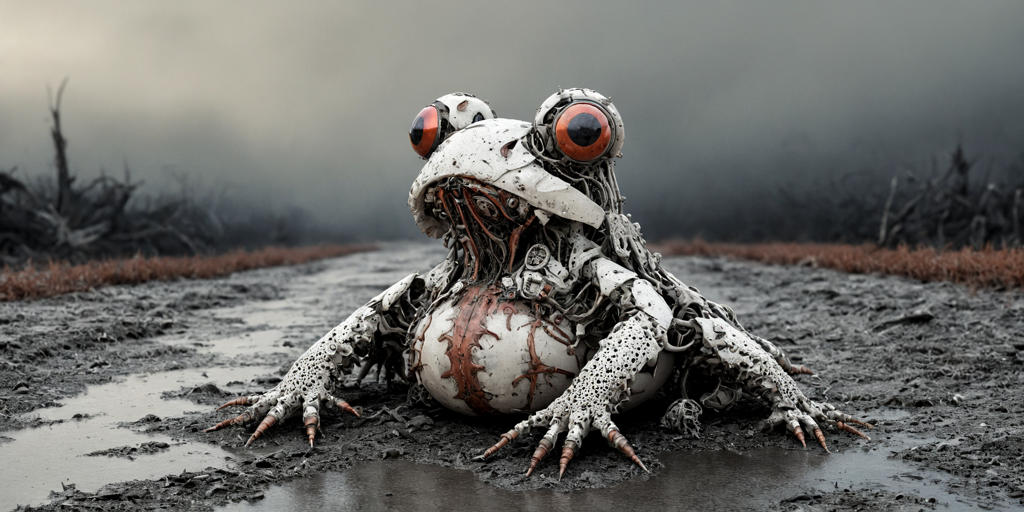 An image of a frog, ivory, black and crimson colors, soft features, sitting on a muddy rural cobblestone-road at dusk.