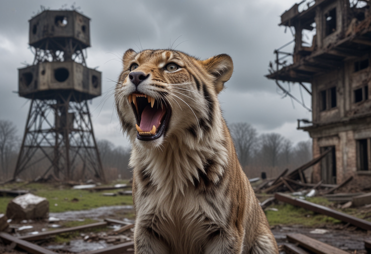(medium full shot) of (medium shot , dutch angle) of wild animal communicating with signals, detailed face, located in a ruined world at a abandoned park during midday with stormy weather, illuminated by starlight, creating a harsh atmosphere, Masterpiece,best quality, photo, realistic, very aesthetic,