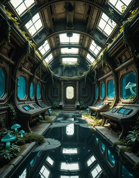 The interior of an ancient abandoned spaceship, overtaken by lush vegetation. The walls and ceiling are covered in thick, twisting vines and moss. Strange alien plants glow faintly in shades of blue and green, casting an eerie, mystical light across the metallic surfaces. Rusted control panels and shattered glass windows hint at a long-forgotten past. The floor is cracked and partially flooded with still, reflective water. Patches of bioluminescent fungi cling to the corners, adding a surreal atmosphere. The air feels heavy with moisture, and beams of soft, diffused light filter through holes in the hull, creating dramatic shafts of light and shadow. The overall style is hyper-realistic, rich in textures, with a cinematic and slightly melancholic mood.<lora:SDXLFaeTastic2400:0.4> <lora:extremely_detailed:0.4> extremely detailed,ancient abandoned sp4c3sh1p, <lora:ancient_abandoned_sp4c3sh1p-i:1>, Masterpiece,best quality,hi res,8k,hi res,8k,award winning,(sharp focus, intricate, highly detailed),