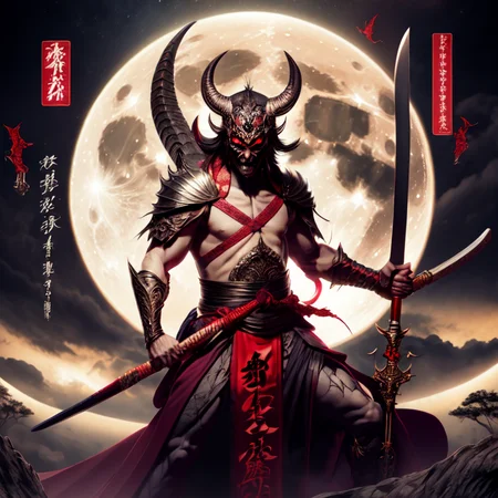 photo, an illustration of a demon holding a sword in front of a full moon (FantasyDaimyo style:1) <lora:djzFantasyDaimyoV21:0.8>