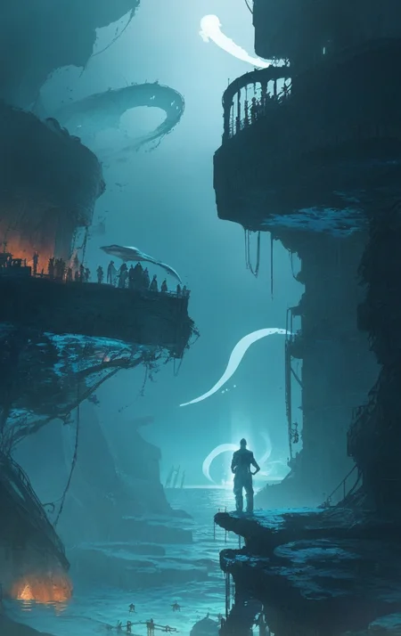 artwork <lora:Moebius:1>, Pirates discover an underwater ghostly city inhabited by lost souls seeking to escape their watery prison.