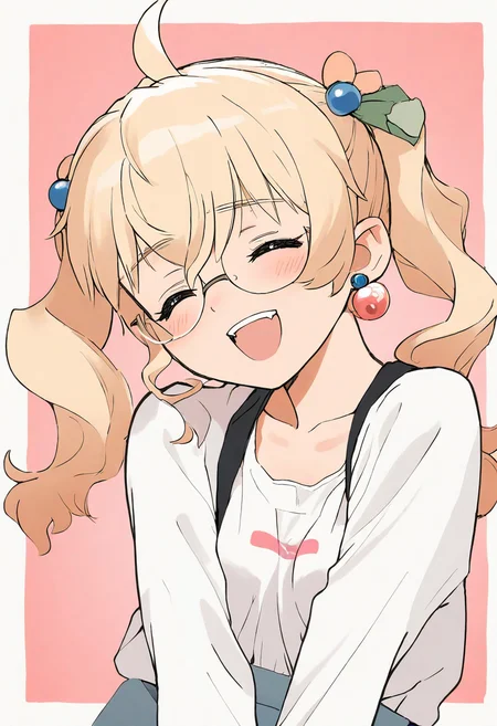 daisukerichard, akai sashimi, tony taka,
stylized, cartoonized,
newest, masterpiece, highres, year 2024, year 2023,
Meica05, Naomi Orthmann, solo, smile, open mouth, jewelry, closed eyes, earrings, glasses
<lora:ponyv4_noob1_2_adamW:0.7>