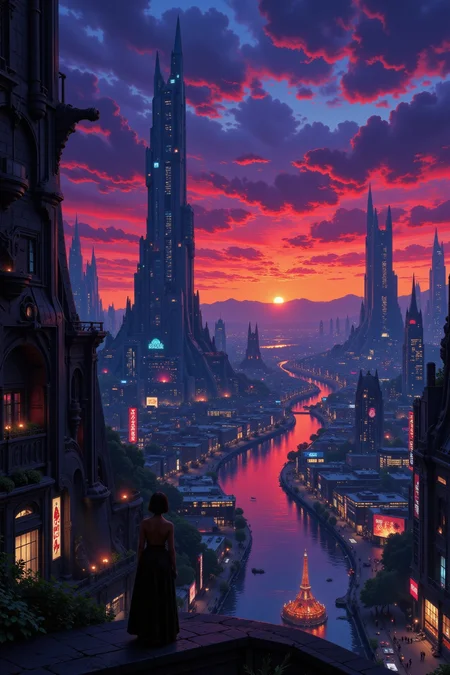 a futuristic sci-fi fantastic cyberpunk city beautiful  landscape, dusk, woman, very intricate, very detailed, sharp, bright, colorful, <lora:Hand v2:0.5> <lora:Anti-Blur:1><lora:Insane Detail Slider:0.25>  <lora:flux.1_lora_flyway_Epic-detail_v2:0.3> <lora:fluxenhancer:0.25> <lora:Anime_style:0.6> anime style