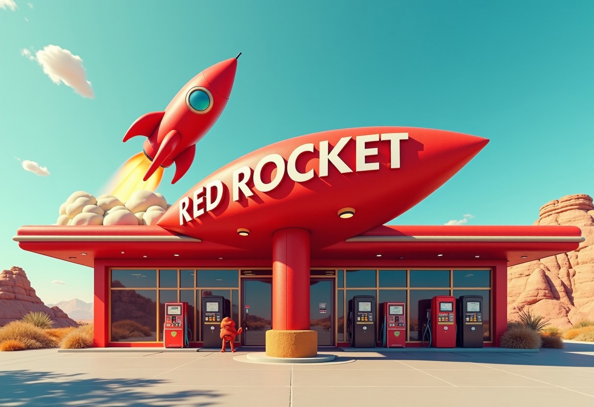 Red rocket gas station with the text "RED ROCKET" with a giant red rocket on the roof.