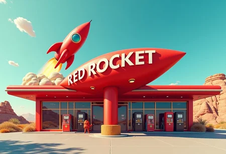 Red rocket gas station with the text "RED ROCKET" with a giant red rocket on the roof.