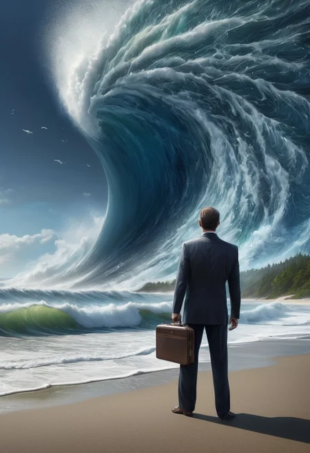 (((a man in the foreground observes a tsunami from below))), office dress, standing up on the beach, from back,  office suit, spreading legs, 24 hour briefcase, solo, full body, (man view from bottom:1.4), boy focus, head back, shot in the point of view from the back of a,,
(in the background a beach under a hyper giant Tsunami:1.5), frontal Tsunami, (giant Tsunami hide the sky:1.3), (banknotes fly everywhere in the wind:1.4)
without escape, disaster, the end of the uman world, photography, dramatic photo, Hyper-realistic, 16k resolution, 
award winning artwork, extreme detailed, masterpiece, photo titled "the nature's revenge",