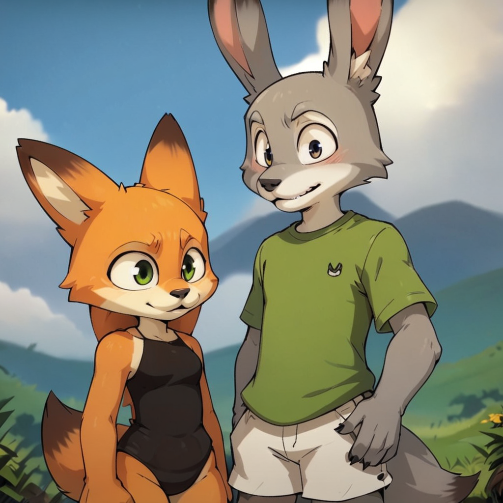 masterpiece,8k,16k,32k,absurd resolution,high resolution,anime style, anthropornorphic,(duo, side-by-side:1.2),judy hopps,trousers,furry,bunny,gray fur, 2 bunny ears, female,standing,green shirt,male, wilde,fox,orange fur,  detailed face,short pants, detailed background,<lora:ZootopiaDuoSDXL:0.8>,ZootopiaDuo <lora:wakfu-000019cs2:0.81>