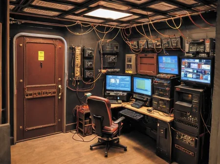 masterpiece, best quality,
 <lora:gits_style:0.6>,
gits95,
, no humans, scenery, cable, computer, indoors, chair, monitor, television, door,wire,cable,