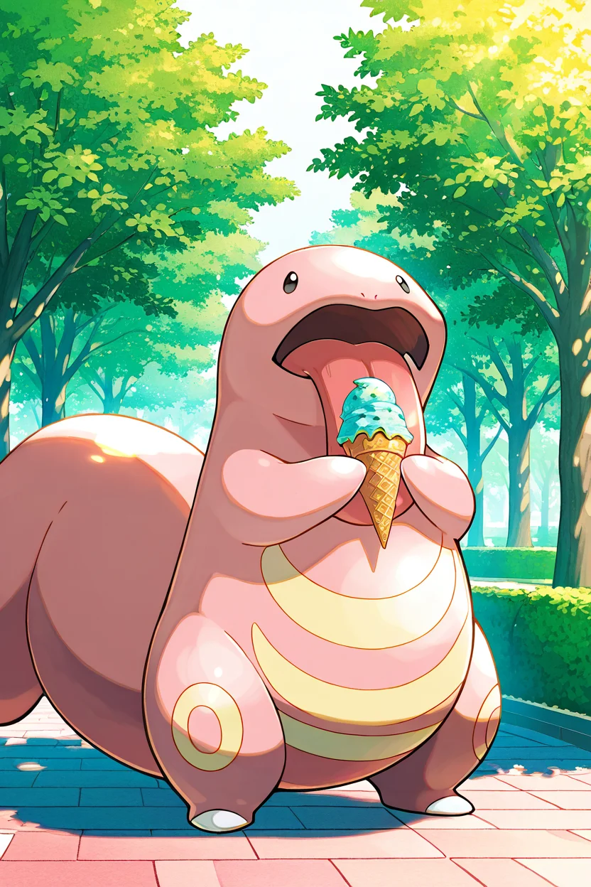 masterpiece, best quality, Lickitung, no humans, pokemon (creature), <lora:LickitungPokedexIXL:1.0>, eating ice cream, playful expression, park background, sunny day, vibrant colors, detailed and fun, soft lighting, whimsical atmosphere