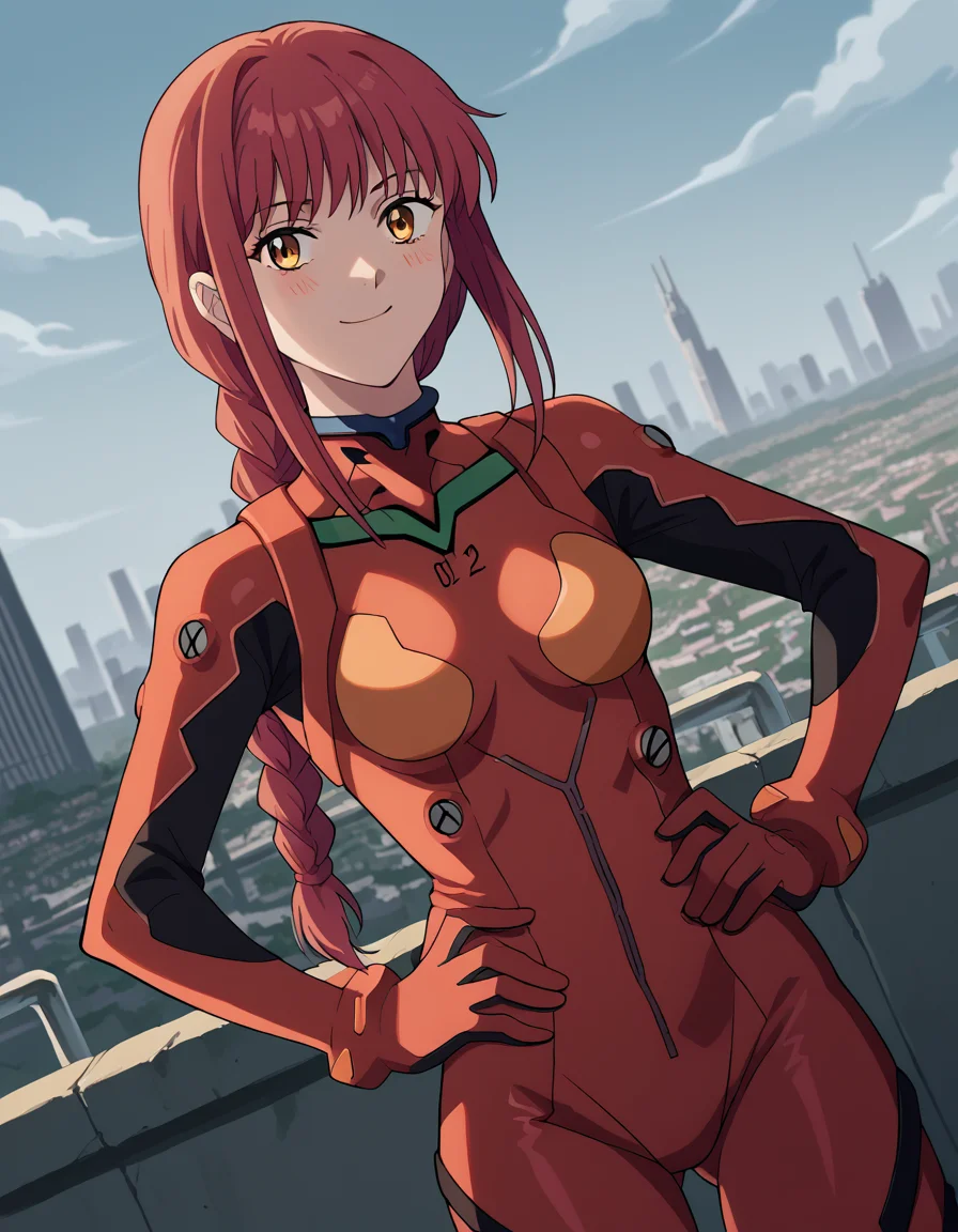 score_9, score_8_up, score_7_up, source_anime, makima, <lora:chainsaw-man-makima-s1-ponyxl-lora-nochekaiser:1> makima, long hair, smile, bangs, yellow eyes, braid, red hair, braided ponytail, ringed eyes,, <lora:souryuu-asuka-langley-cosplay-ponyxl-lora-nochekaiser:1>, souryuuasukalangleycosplay, souryuu asuka langley \(cosplay\), bodysuit, pilot suit, plugsuit, red bodysuit, interface headset,, cityscape, smile, blush, hands on hips,, cowboy shot, dutch angle,