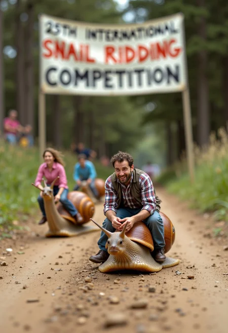 A large banner says "25th International Snail Ridding Competition". A miniature man is ridding a classy snail on a dirt road, he holds tightly onto the slobbering snail with a harness. He is bypassed by a miniature woman who rides a colorful snail. Action packed racing scene. Long depth of field photo.