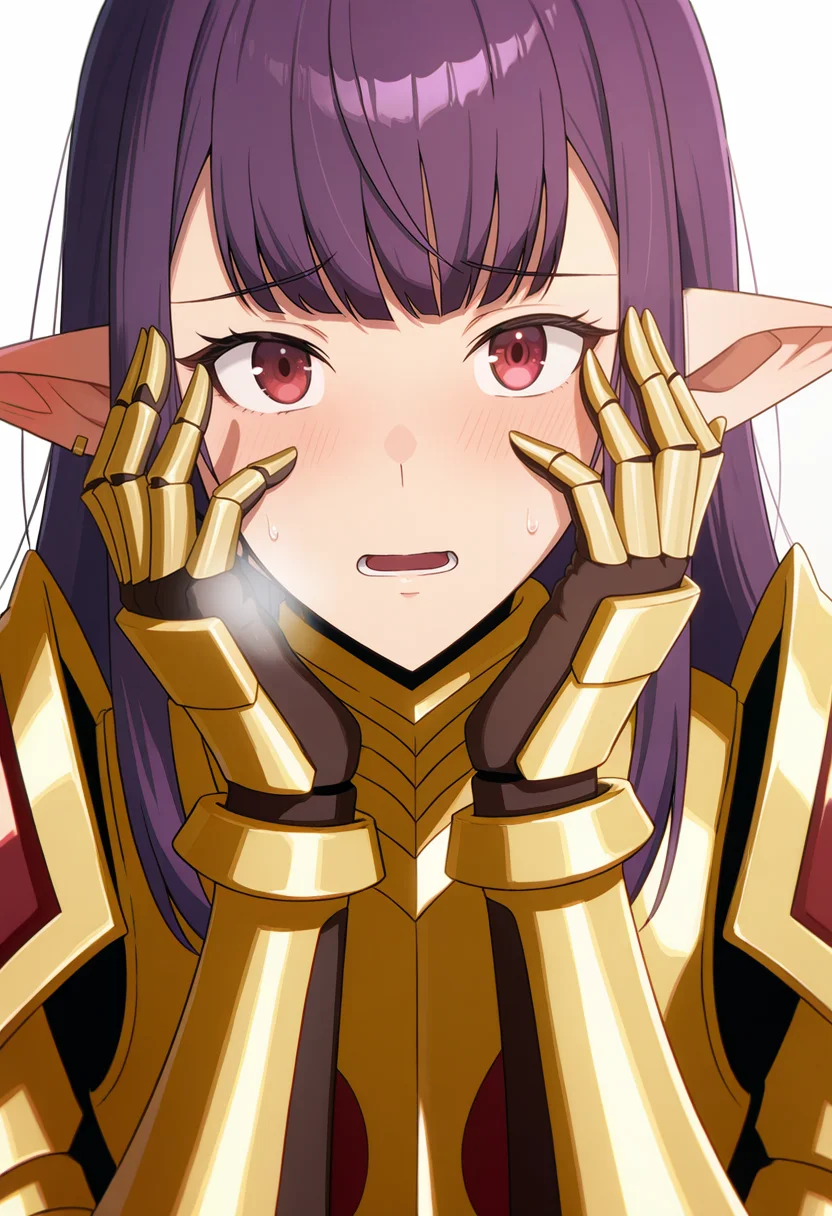 <lora:Esil Radiru_illustrious-000056:1>,
Esil Radiru,facial mark,red eyes,purple hair,earrings,long hair,
golden armor,gauntlets,power armor,shoulder armor,pauldrons,
simple_background,solo,white_background,looking at viewer,portrait,blush,shy,hands on face,steam,open mouth