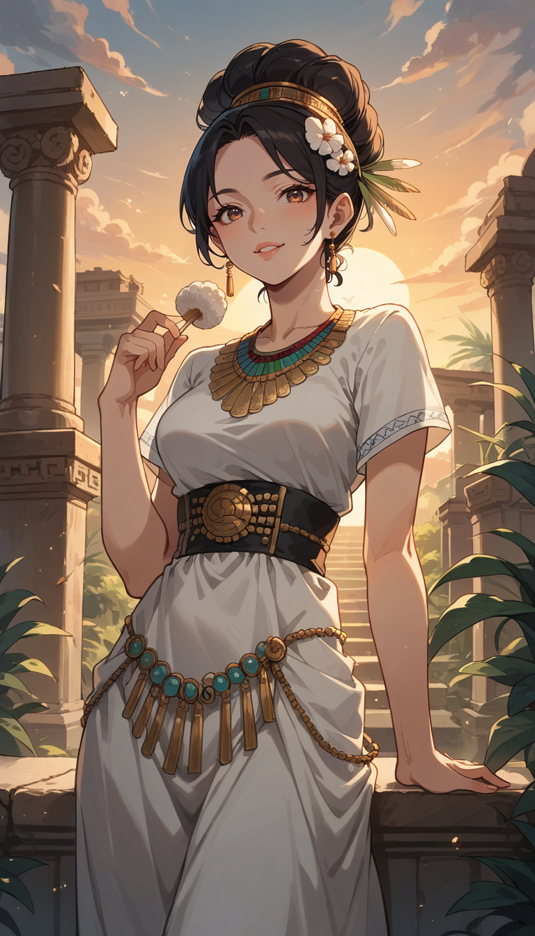 score_9, score_8_up, score_7_up, Anime Style, Portrait, girl, cute, seductive, innocent, light smile:0.3, plump lips, slender body, wearing stone age clothing made from natural fabrics like linen, cotton, furs, adorned with feathers, beads and shells, sunset, ancient greek background, depth of field, dynamic angle, fashion photography, sharp, hyperdetailed:1.15