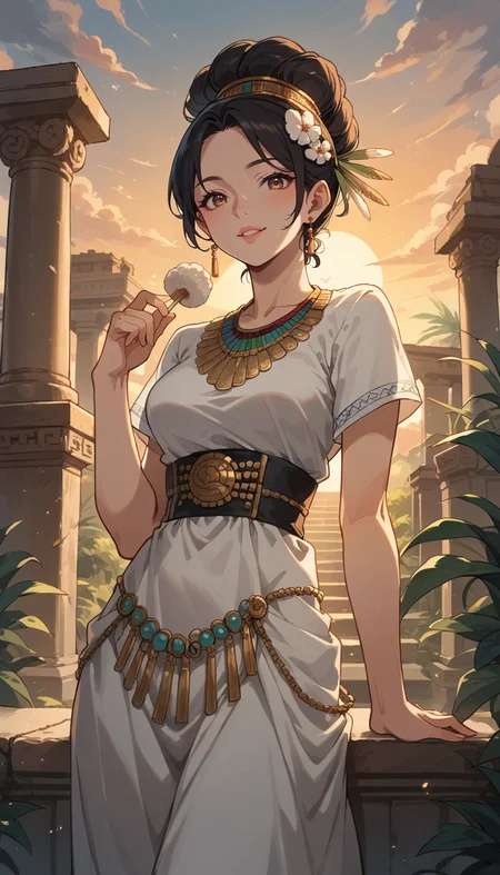 score_9, score_8_up, score_7_up, Anime Style, Portrait, girl, cute, seductive, innocent, light smile:0.3, plump lips, slender body, wearing stone age clothing made from natural fabrics like linen, cotton, furs, adorned with feathers, beads and shells, sunset, ancient greek background, depth of field, dynamic angle, fashion photography, sharp, hyperdetailed:1.15