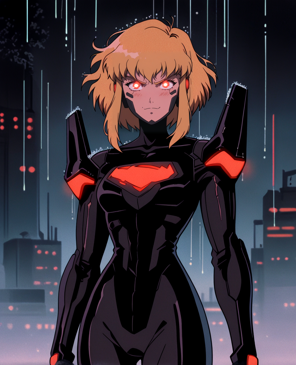 1girl, solo, warm skin color, blush, smile, blonde hair, superkara, short hair, bodysuit, sidelocks, red eyes, pilot suit glowing eyes, angry, pilot suit, wide hips, narrow waist, science fiction, breasts, big breasts, mechanical parts, looking at viewer, flying, red_cape,
dark theme, glow, neon, neon city background, rain, night sky, cyberpunk art, neogeo, saturated, high contrast, halftone effect, (sharp edges, sharp outlines), cel shading, source_anime,
<lora:RetroAnimeRedux_epoch_10:1> <lora:KaraSuper:.9> <lora:OldAnimeStyle_XL_v3:.5> Vintage, 1990s \(style\)