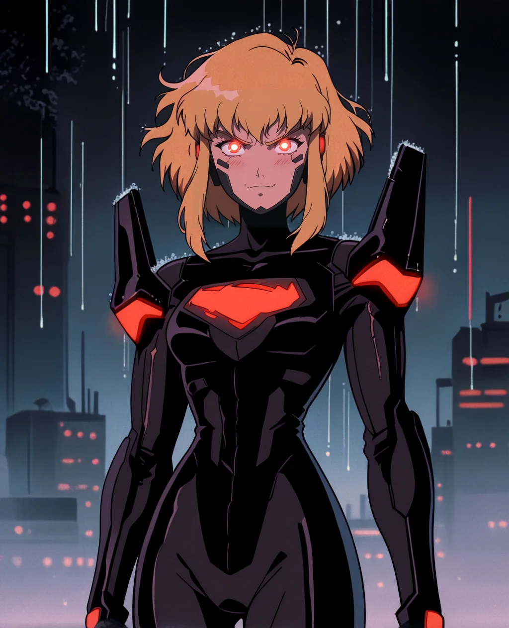 1girl, solo, warm skin color, blush, smile, blonde hair, superkara, short hair, bodysuit, sidelocks, red eyes, pilot suit glowing eyes, angry, pilot suit, wide hips, narrow waist, science fiction, breasts, big breasts, mechanical parts, looking at viewer, flying, red_cape,
dark theme, glow, neon, neon city background, rain, night sky, cyberpunk art, neogeo, saturated, high contrast, halftone effect, (sharp edges, sharp outlines), cel shading, source_anime,
<lora:RetroAnimeRedux_epoch_10:1> <lora:KaraSuper:.9> <lora:OldAnimeStyle_XL_v3:.5> Vintage, 1990s \(style\)