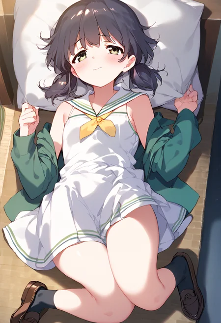 score_9,score_8_up,score_7_up,source_anime,zPDXL3,
*//*,<lora:KatayamaMinami-v1.0:1>,katayamaminami_wug,1girl,solo,brown eyes,brown hair,twintails,short twintails,bangs,black socks,white dress,short dress,shoes,brown footwear loafers,sailor collar,green jacket,open clothes,clothing cutout,(yellow neckerchief:0.8),
*//*,(game cg,moody lighting,cinematic lighting:1.2),night,novel illustration,bedroom,nervous,blush,half-closed eyes,lying,on back,(half undress,undressing:1.2),