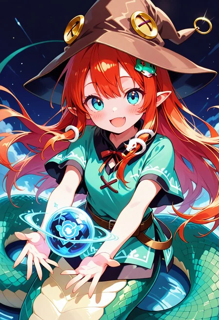 masterpiece, ultra-detailed, best quality, 8K, illustration, absolutely eye-catching,  
1girl, solo, sn4ke, snake girl, lamia,
cute girl,  
BREAK 
cute, teenage, pointed ears, smile, highly detailed beautiful face and eyes, long hair, hair ornament, mage tunic, magic orb, mage hat, holding a brilliant magic orb, snake tail, kawaii, excited, coiled snake body, detailed,