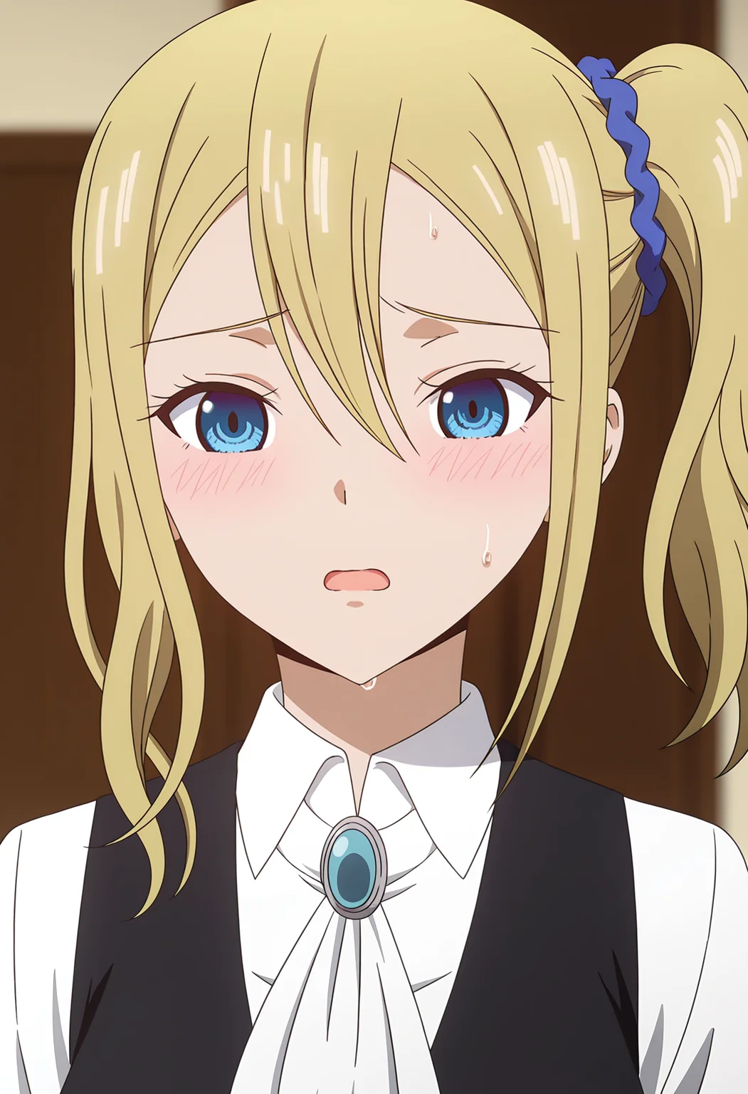 <lora:Ai HAYASAKA_illustrious-000018:1>,1girl,solo,
Ai HAYASAKA,side ponytail,blush,open mouth,shirt,white shirt,collared shirt,blurry,blurry background,ascot,sidelocks,white ascot,sweat,jewelry,scrunchie,hair scrunchie,black vest,brooch,anime screencap,