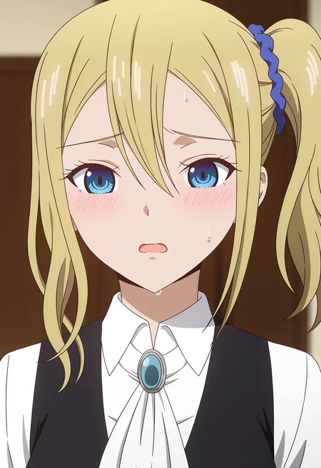 <lora:Ai HAYASAKA_illustrious-000018:1>,1girl,solo,
Ai HAYASAKA,side ponytail,blush,open mouth,shirt,white shirt,collared shirt,blurry,blurry background,ascot,sidelocks,white ascot,sweat,jewelry,scrunchie,hair scrunchie,black vest,brooch,anime screencap,