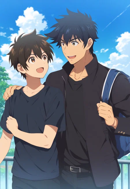 masterpiece,high score,great score,absurdres,goro shigeno,42 years old\(goro shigeno\),daigo shigeno,daigo shigeno\(fuurin\),(multiple boys:0.4),(2boys:1.1),male focus,sky,school uniform,backpack,shirt,bag,outdoors,blue sky,black pants,looking at another,cloud,smile,day,black shirt,hand on another's shoulder,pants,black jacket,open mouth,short sleeves,eye contact,t-shirt,long sleeves,jacket,father and son,<lora:Goro_Shigeno_V1-1:0.8>,official art,