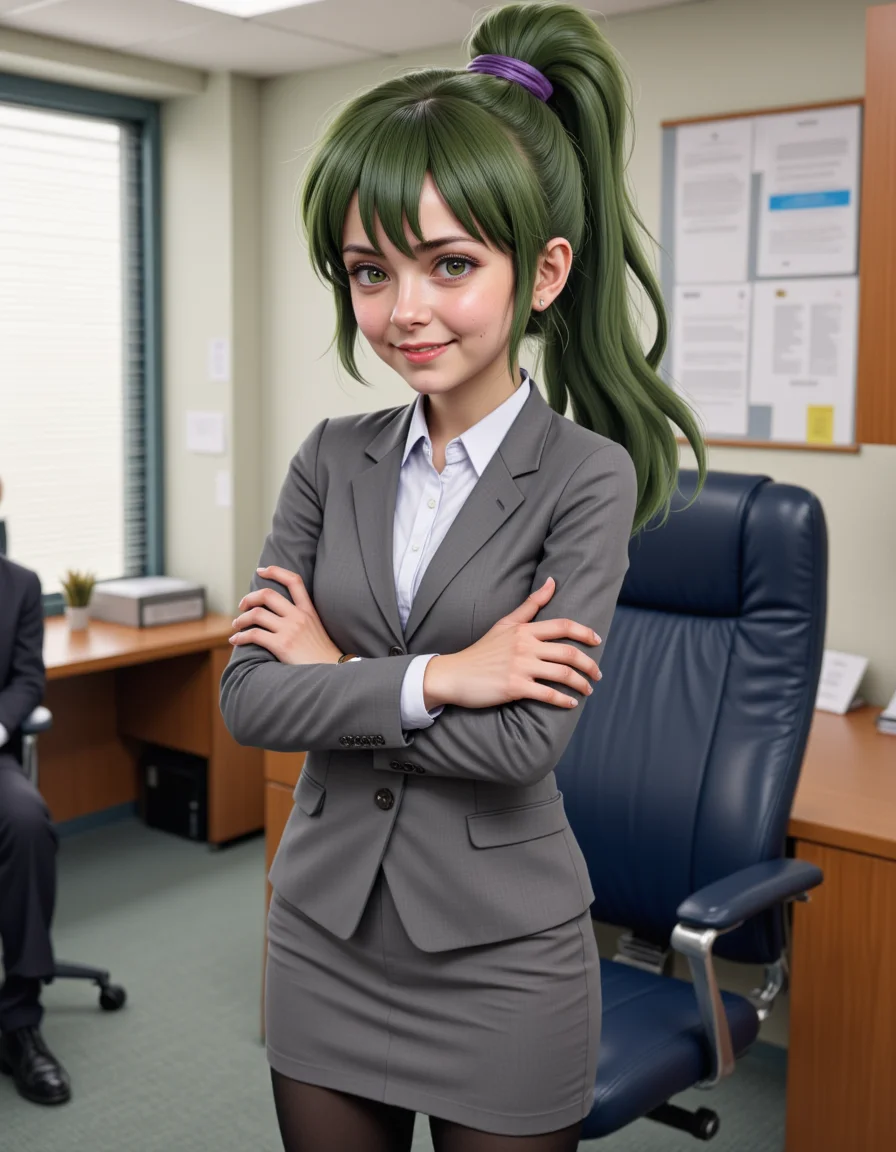 <lora:real-lora:1.3> (ultrarealistic:1.3) <lora:igarashi-futaba:1> igarashifutaba standing in an office environment. She has fair skin and long, green hair tied back in a high ponytail with a purple hair tie. she is smiling with a smug expression. She is wearing a gray blazer over a white dress shirt, black tights, and black shoes. Her arms are crossed in front of her chest, and she is seated on a dark blue office chair with a cushioned backrest.