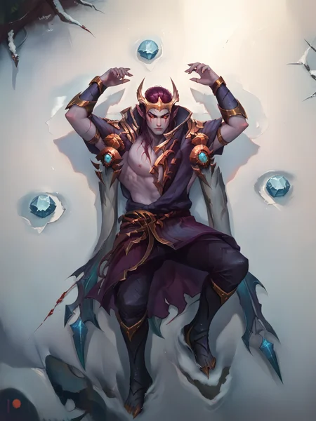 score_9, score_8_up, score_7_up, BREAK, ApheliosNB, 1man, solo, purple hair, golden horned crown, red marks under eyes, purple robe with golden armor, two scarfs on shoulders, golden bracer, dark pants, dark boots, lying on snow, blizzard, ice mountains, blood drops on body, g0thicPXL, full body, hands above head,<lora:ApheliosNB:1>  <lora:g0th1cPXL:0.75>  <lora:Concept Art Style SDXL_LoRA_Pony Diffusion V6 XL:0.6>