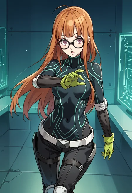 score_9, score_8_up, source_animem
1 girl, solo, cute face,
p5futaba, sakura futaba, long hair, glasses, blunt bangs, orange hair, ahoge
p5futaba-oracle, black bodysuit, gloves, green gloves, black gloves, belt, knee pads, neon trim, green footwear,
laboratory, standing, looking at viewer, floating, surprised,
masterpiece, best quality, ultra detailed,