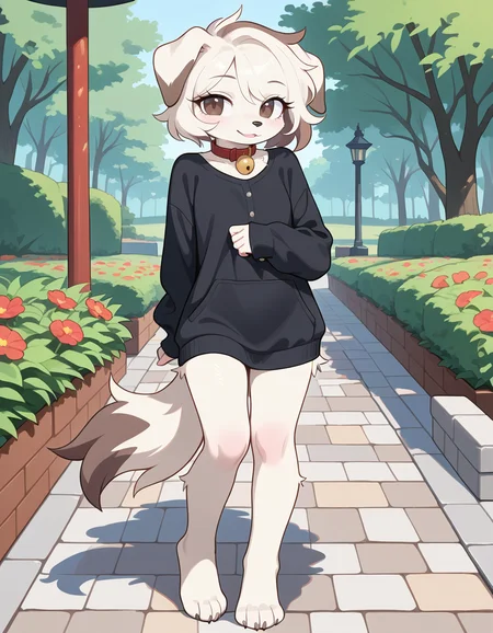 masterpiece, best quality, very aesthetic, absurdres,
outdoors, casual, 
full body, standing, posing, 
seductive smile, parted lips, long eyelashes,
 <lora:Infi_v01_NAIXL:1>,
1nf1,1girl,solo,furry,furry female,dog girl,dog ears,short hair,white hair,brown eyes,snout,animal nose,collar,neck bell,body fur,white fur,dog tail,