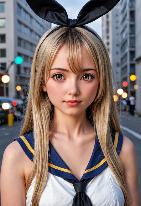 <lora:Hyper-SDXL-8steps-lora:1> zPDXLrl, score_9, score_8_up, score_7_up, score_realistic, best quality, intricate details, perfect anatomy, realistic, hyperrealistic, photo, professional lighting, ultra highres, extremely detailed, detailed eyes BREAK
1girl, clothed, expressionless, upper body, shimakaze \(kancolle\), (kantai collection:0.8), blonde hair, brown eyes, 
outdoors, city, tokyo, japan, 
<lora:anime_lovedoll_XL(pony)v11:0.8>